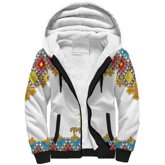 Ethiopian Epiphany Cross Mix Tilet Pattern Sherpa Hoodie