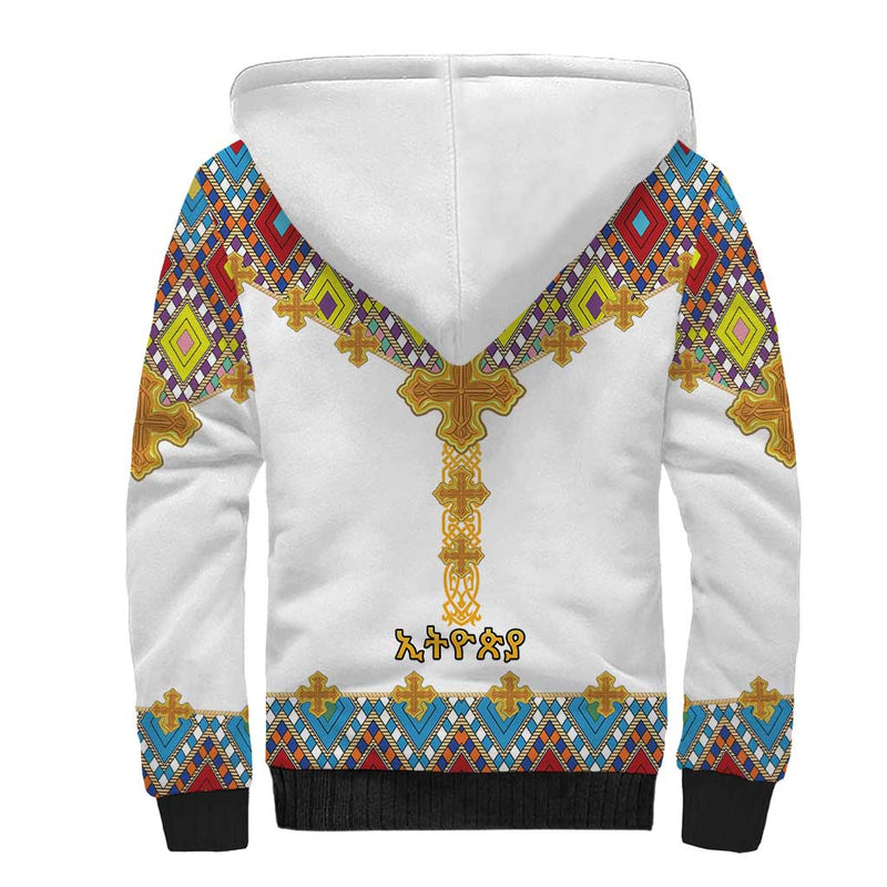 Ethiopian Epiphany Cross Mix Tilet Pattern Sherpa Hoodie