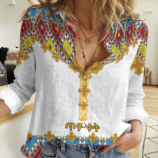 Ethiopian Epiphany Cross Mix Tilet Pattern Women Casual Shirt