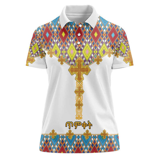 Ethiopian Epiphany Cross Mix Tilet Pattern Women Polo Shirt