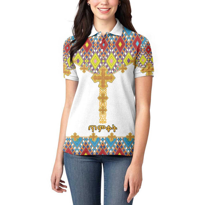 Ethiopian Epiphany Cross Mix Tilet Pattern Women Polo Shirt