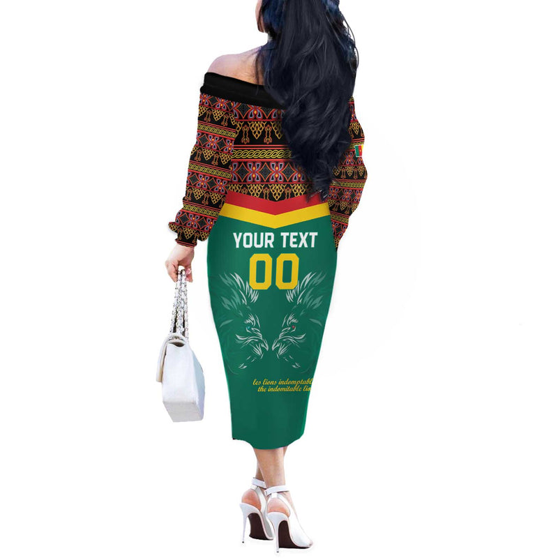 Custom Cameroon Football Go Champions - Toghu Pattern Off The Shoulder Long Sleeve Dress