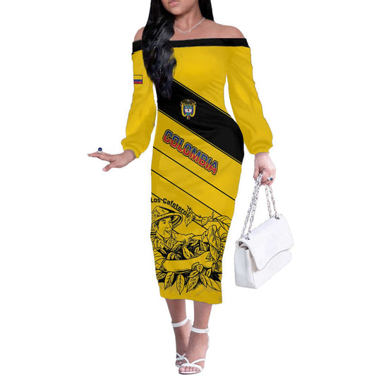 Custom Colombia Football Go Los Cafeteros Off The Shoulder Long Sleeve Dress