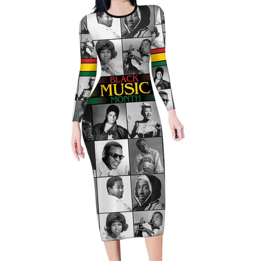 African-american Black Music Month Legends Tribute Long Sleeve Bodycon Dress