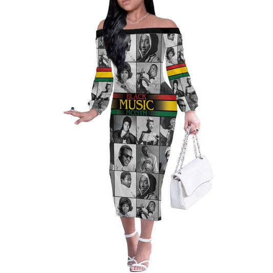 African-american Black Music Month Legends Tribute Off The Shoulder Long Sleeve Dress
