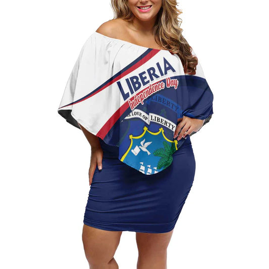 Custom Liberia Independence Day Coat Of Arms Pepper Flowers Off Shoulder Short Dress