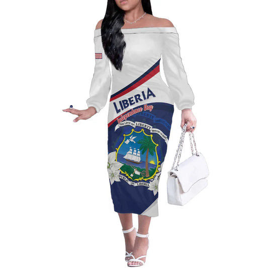 Custom Liberia Independence Day Coat Of Arms Pepper Flowers Off Shoulder Long Sleeve Dress