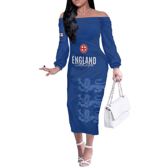 Custom England Cricket Go Three Lions - Blue Ver Off The Shoulder Long Sleeve Dress