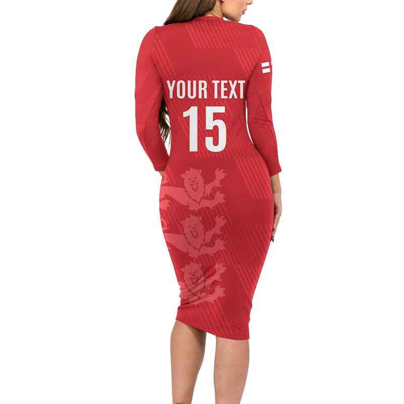 Custom England Cricket Go Three Lions - Red Ver Long Sleeve Bodycon Dress