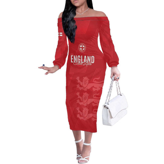 Custom England Cricket Go Three Lions - Red Ver Off The Shoulder Long Sleeve Dress