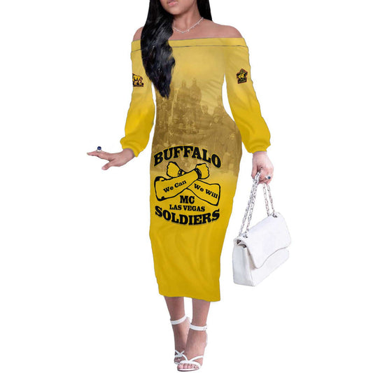 African American Buffalo Soldier We Can We Will - Yellow Off The Shoulder Long Sleeve Dress