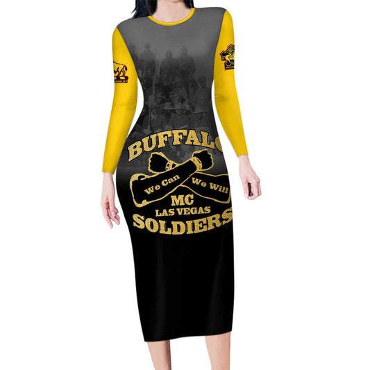 African American Buffalo Soldier We Can We Will - Black Long Sleeve Bodycon Dress