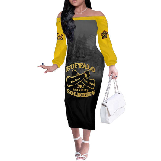 African American Buffalo Soldier We Can We Will - Black Off The Shoulder Long Sleeve Dress