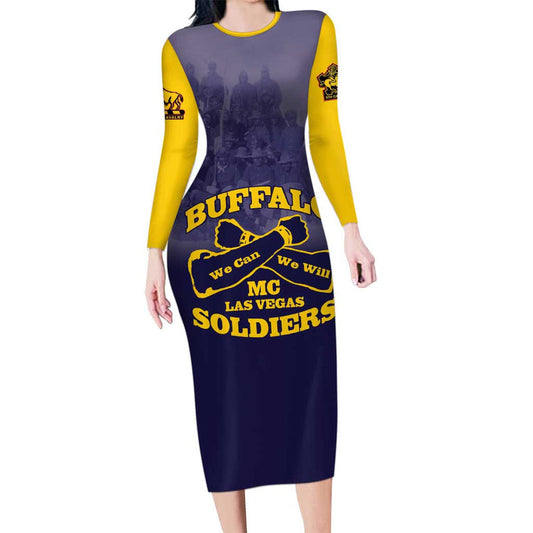 African American Buffalo Soldier We Can We Will - Navy Blue Long Sleeve Bodycon Dress