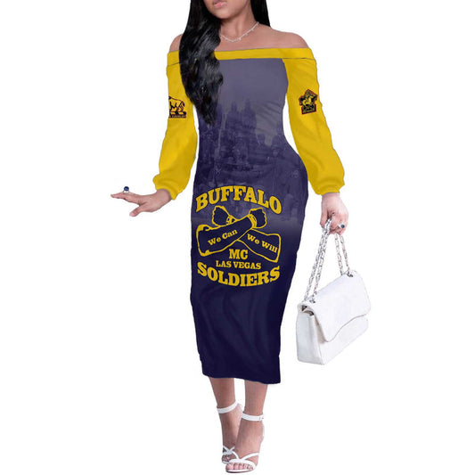 African American Buffalo Soldier We Can We Will - Navy Blue Off The Shoulder Long Sleeve Dress