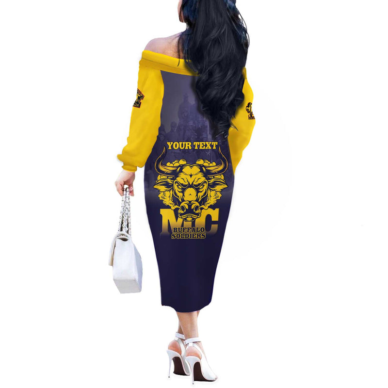 African American Buffalo Soldier We Can We Will - Navy Blue Off The Shoulder Long Sleeve Dress