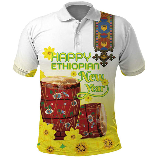 Ethiopian Enkutatash Kebero Drum With Adey Abeba Flower Polo Shirt