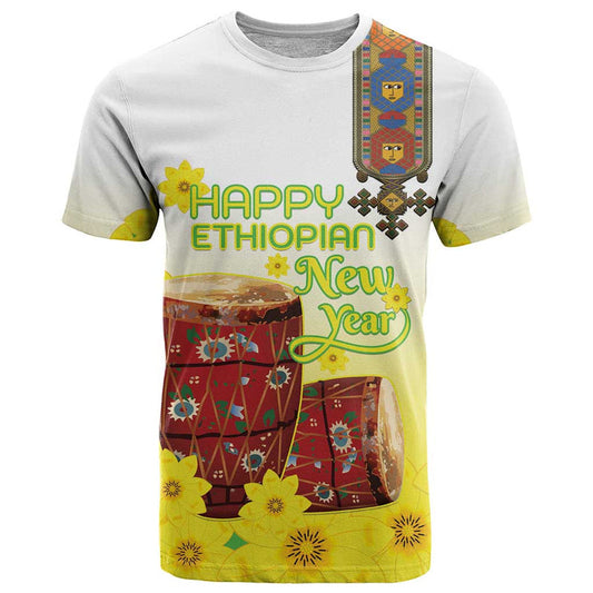 Ethiopian Enkutatash Kebero Drum With Adey Abeba Flower T Shirt