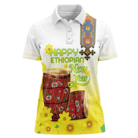 Ethiopian Enkutatash Kebero Drum With Adey Abeba Flower Women Polo Shirt