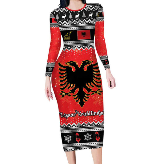 Albania Christmas Albanian Eagle Gezuar Krishtlindja Long Sleeve Bodycon Dress