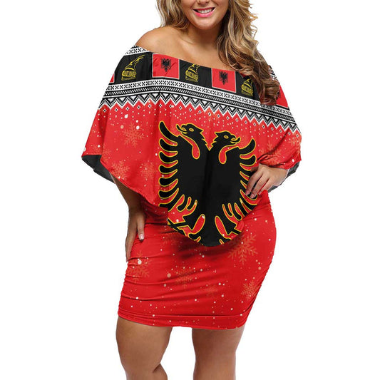 Albania Christmas Albanian Eagle Gezuar Krishtlindja Off Shoulder Short Dress
