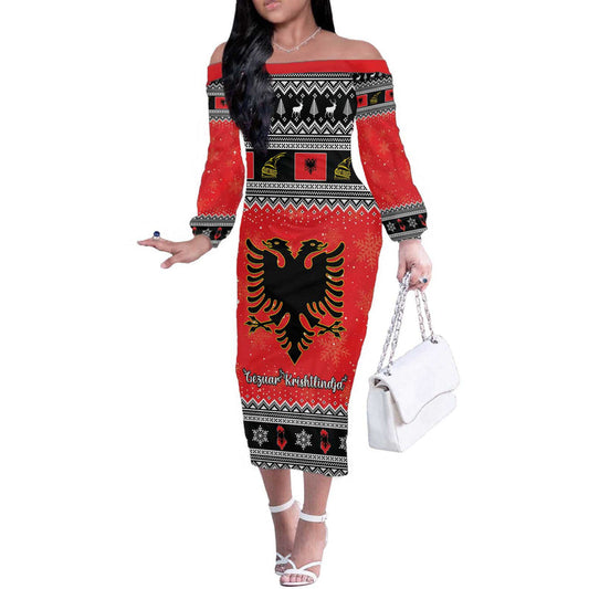 Albania Christmas Albanian Eagle Gezuar Krishtlindja Off The Shoulder Long Sleeve Dress