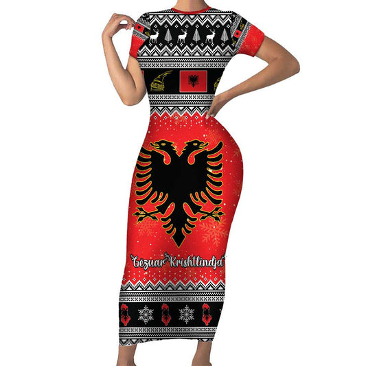 Albania Christmas Albanian Eagle Gezuar Krishtlindja Short Sleeve Bodycon Dress