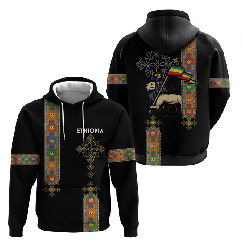 Ethiopia Saba Kemis Ethiopian Cross Lion Of Judah Black Color Hoodie