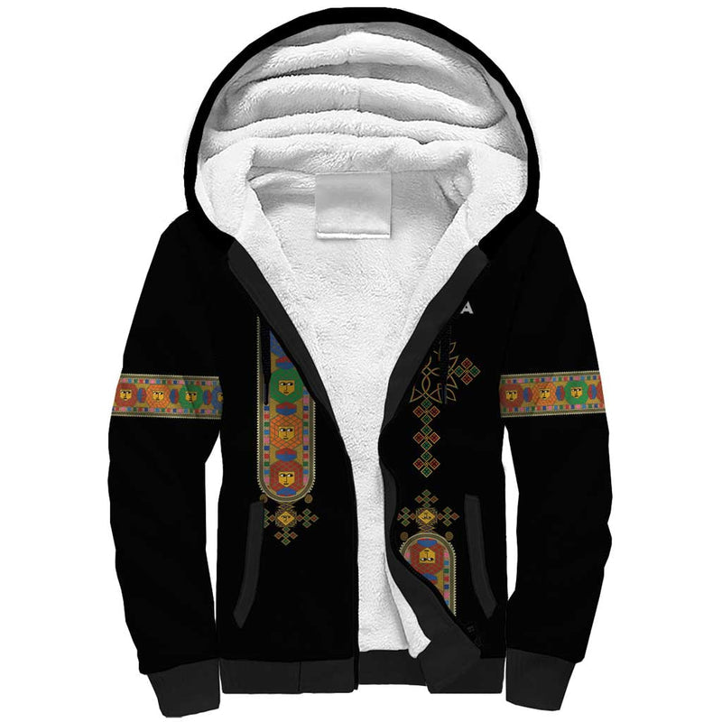 Ethiopia Saba Kemis Ethiopian Cross Lion Of Judah Black Color Sherpa Hoodie