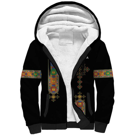 Ethiopia Saba Kemis Ethiopian Cross Lion Of Judah Black Color Sherpa Hoodie