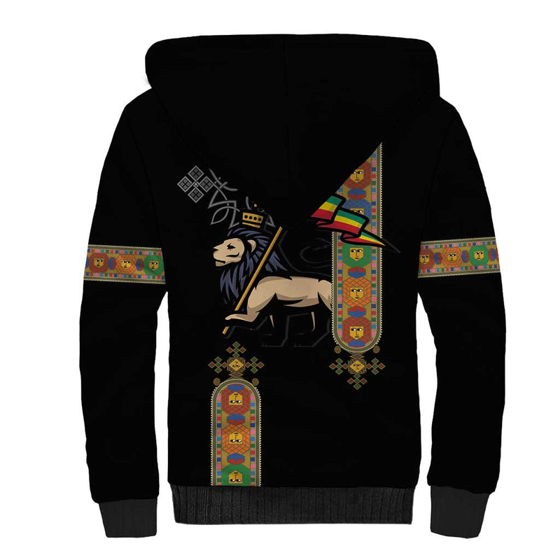 Ethiopia Saba Kemis Ethiopian Cross Lion Of Judah Black Color Sherpa Hoodie