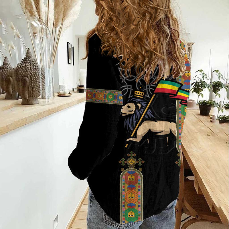 Ethiopia Saba Kemis Ethiopian Cross Lion Of Judah Black Color Women Casual Shirt