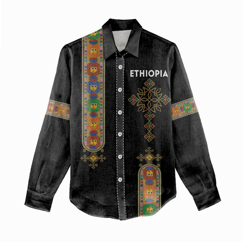 Ethiopia Saba Kemis Ethiopian Cross Lion Of Judah Black Color Women Casual Shirt