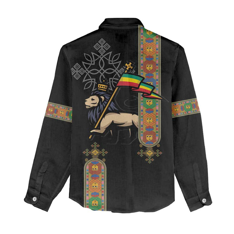 Ethiopia Saba Kemis Ethiopian Cross Lion Of Judah Black Color Women Casual Shirt