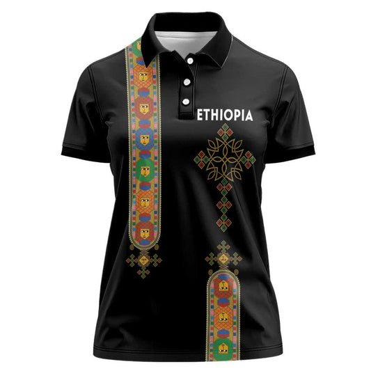Ethiopia Saba Kemis Ethiopian Cross Lion Of Judah Black Color Women Polo Shirt