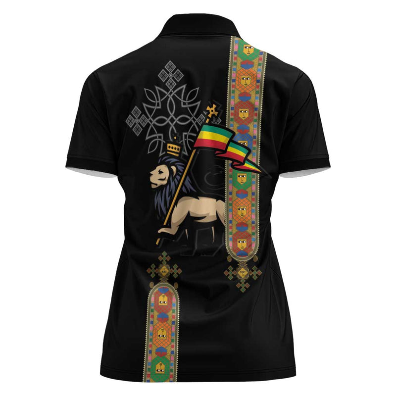 Ethiopia Saba Kemis Ethiopian Cross Lion Of Judah Black Color Women Polo Shirt