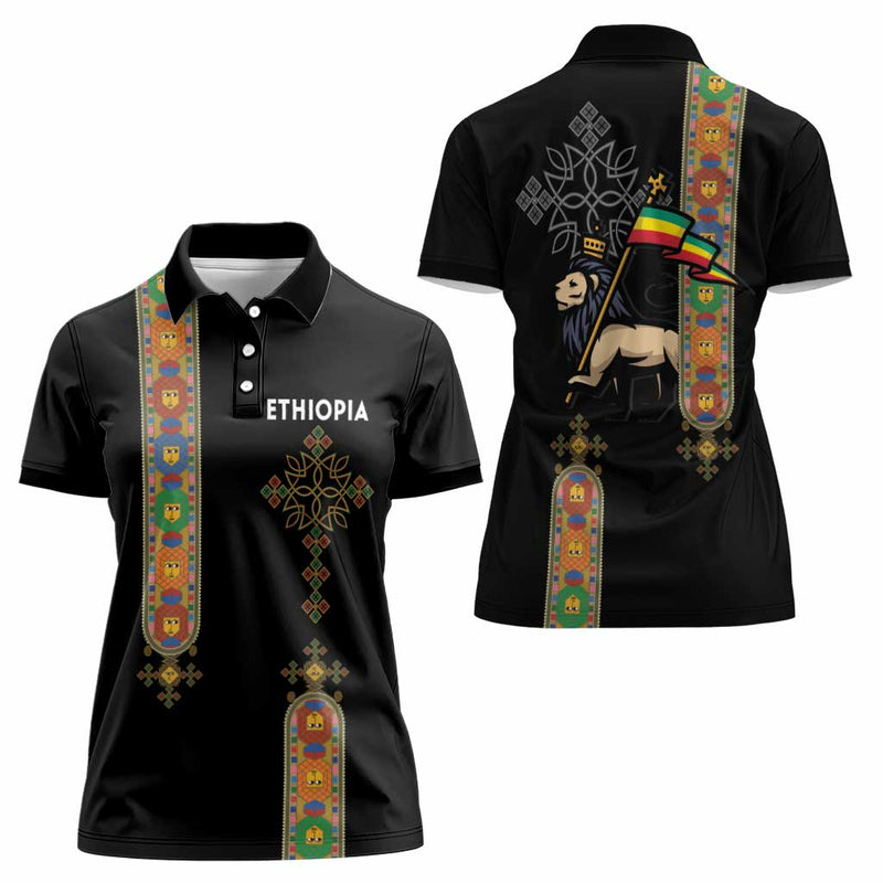 Ethiopia Saba Kemis Ethiopian Cross Lion Of Judah Black Color Women Polo Shirt