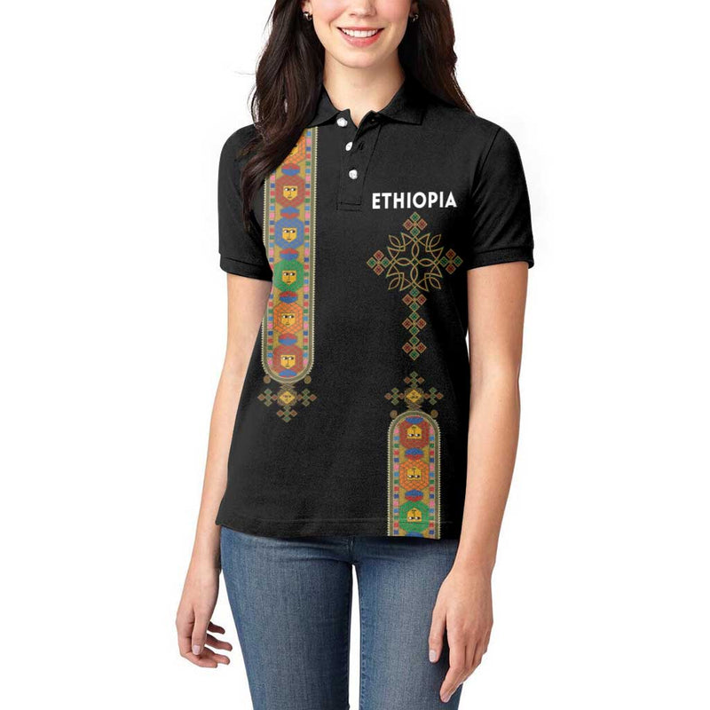 Ethiopia Saba Kemis Ethiopian Cross Lion Of Judah Black Color Women Polo Shirt