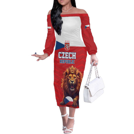 Custom Czech Republic Football Go Champions Sporty Style With Lion Mascot Off The Shoulder Long Sleeve Dress