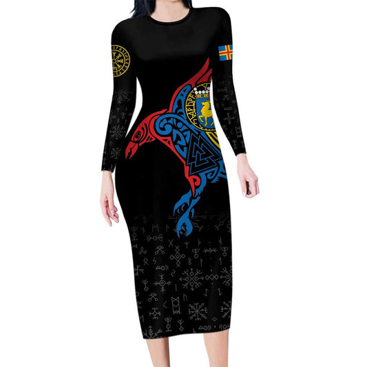 Aland Vikings Culture Norse Mythology Raven Tattoo Long Sleeve Bodycon Dress