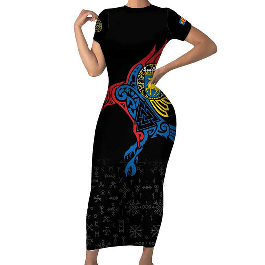 Aland Vikings Culture Norse Mythology Raven Tattoo Short Sleeve Bodycon Dress