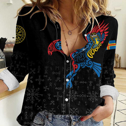 Aland Vikings Culture Norse Mythology Raven Tattoo Women Casual Shirt