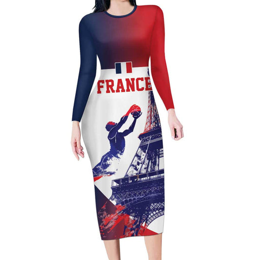 Custom France Basketball Eiffel Tower Sporty Style Long Sleeve Bodycon Dress
