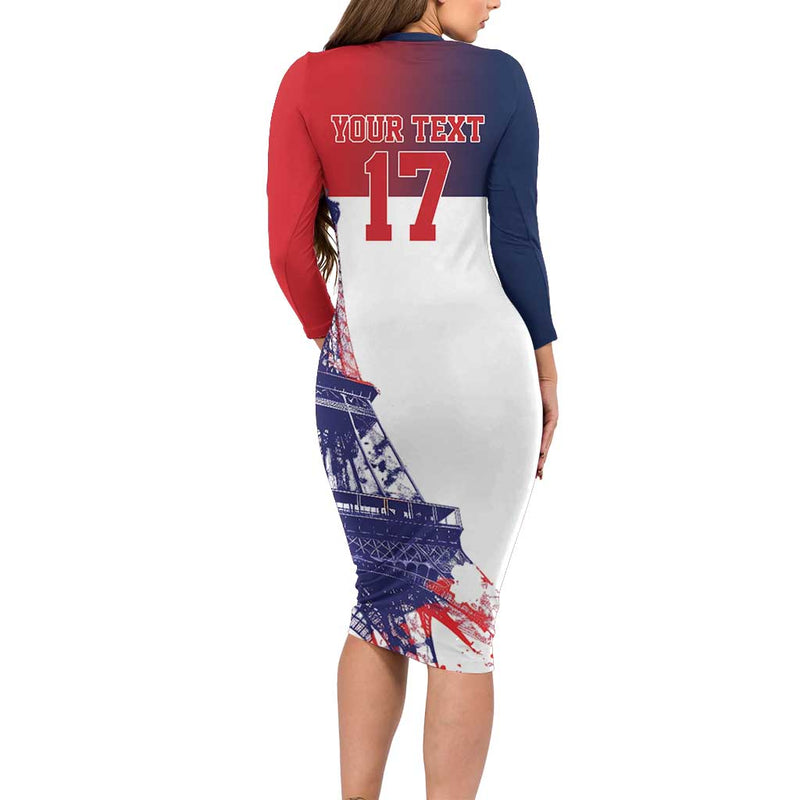Custom France Basketball Eiffel Tower Sporty Style Long Sleeve Bodycon Dress