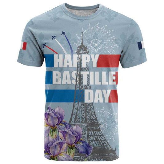 Fance Le 14 Juillet Eiffel Tower with Iris Flower T Shirt