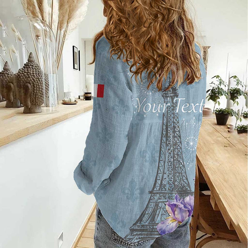 Fance Le 14 Juillet Eiffel Tower with Iris Flower Women Casual Shirt