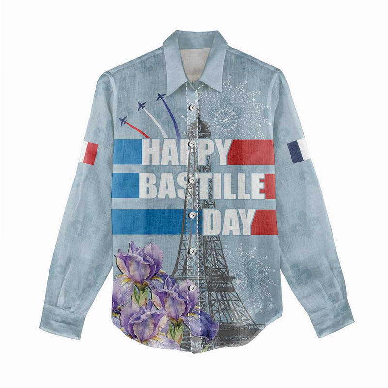 Fance Le 14 Juillet Eiffel Tower with Iris Flower Women Casual Shirt