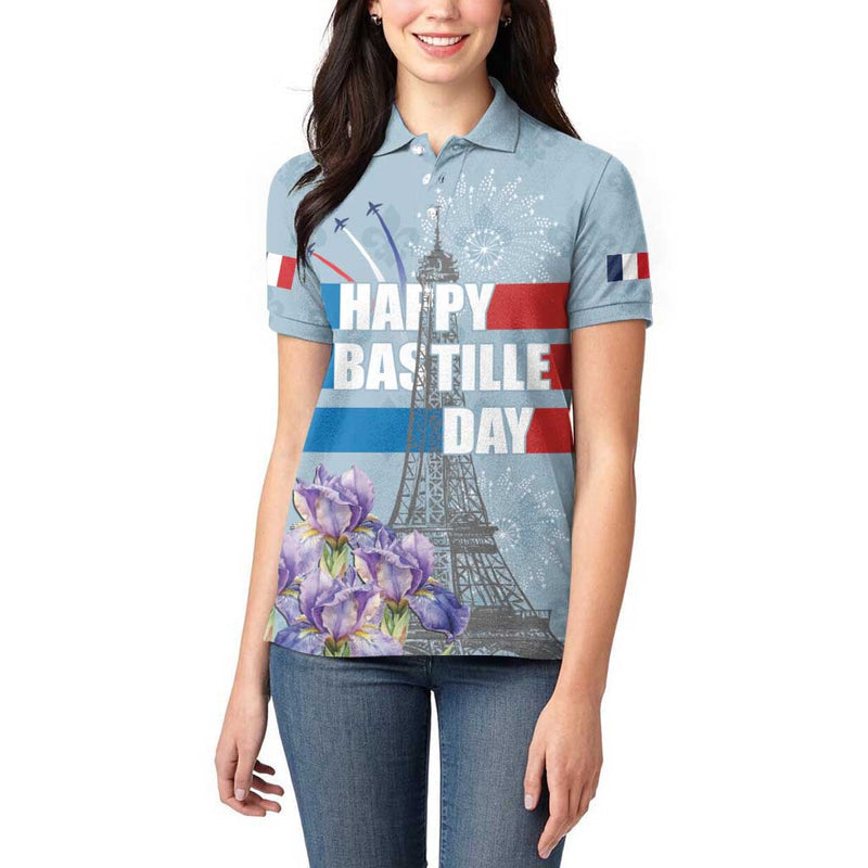 Fance Le 14 Juillet Eiffel Tower with Iris Flower Women Polo Shirt