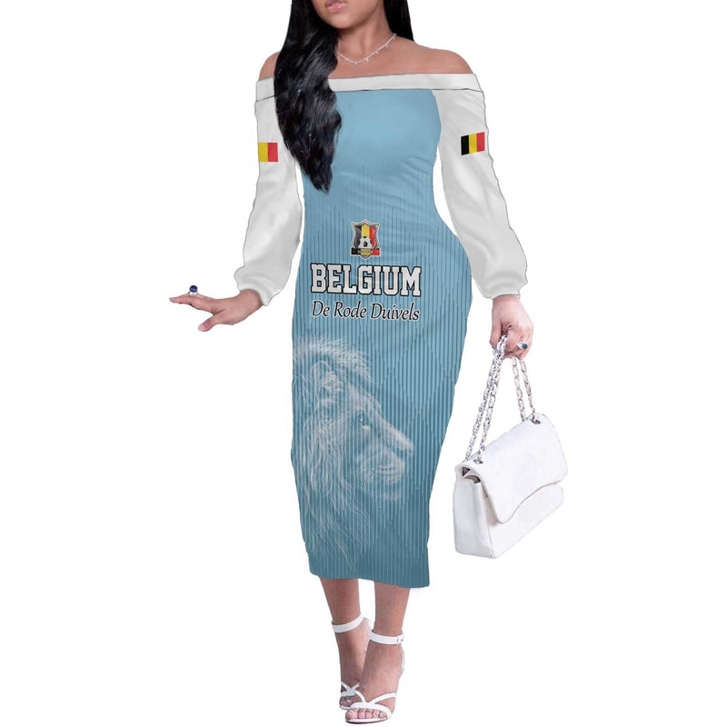 Custom Belgium Football We Are Champions Blue Style Come On De Rode Duivels Off The Shoulder Long Sleeve Dress