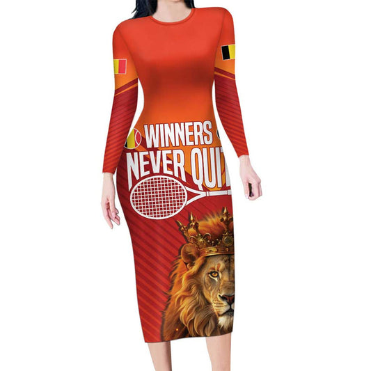 Custom Belgium Tennis Champions Winners Never Quit With A Crowned Lion Long Sleeve Bodycon Dress